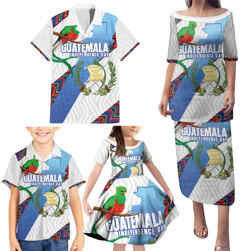 Guatemala Independence Day Family Matching Puletasi and Hawaiian Shirt Resplendent Quetzal with Coat of Arms and Maya Textiles - Wonder Print Shop