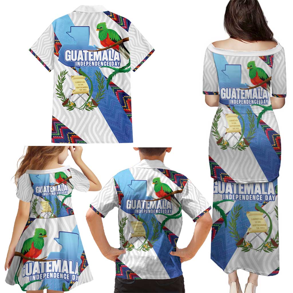 Guatemala Independence Day Family Matching Puletasi and Hawaiian Shirt Resplendent Quetzal with Coat of Arms and Maya Textiles - Wonder Print Shop