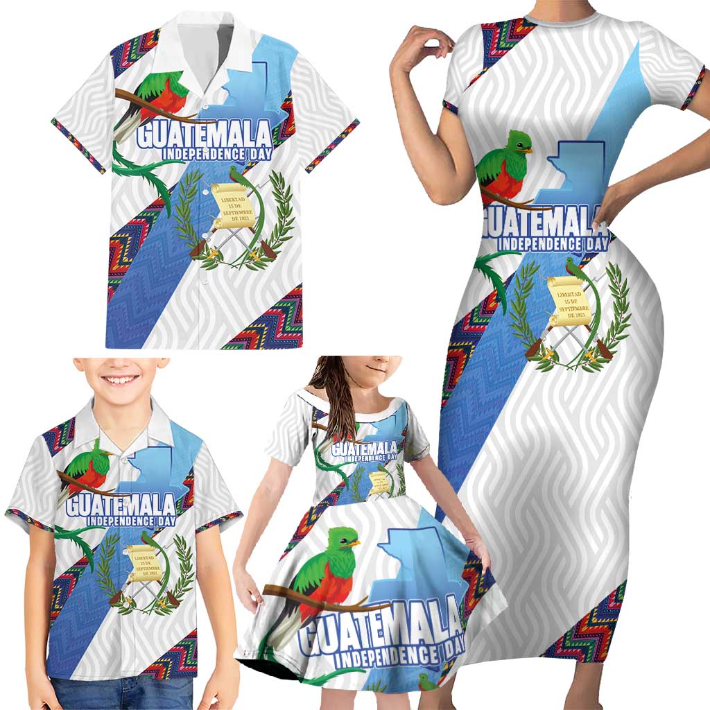 Guatemala Independence Day Family Matching Short Sleeve Bodycon Dress and Hawaiian Shirt Resplendent Quetzal with Coat of Arms and Maya Textiles - Wonder Print Shop