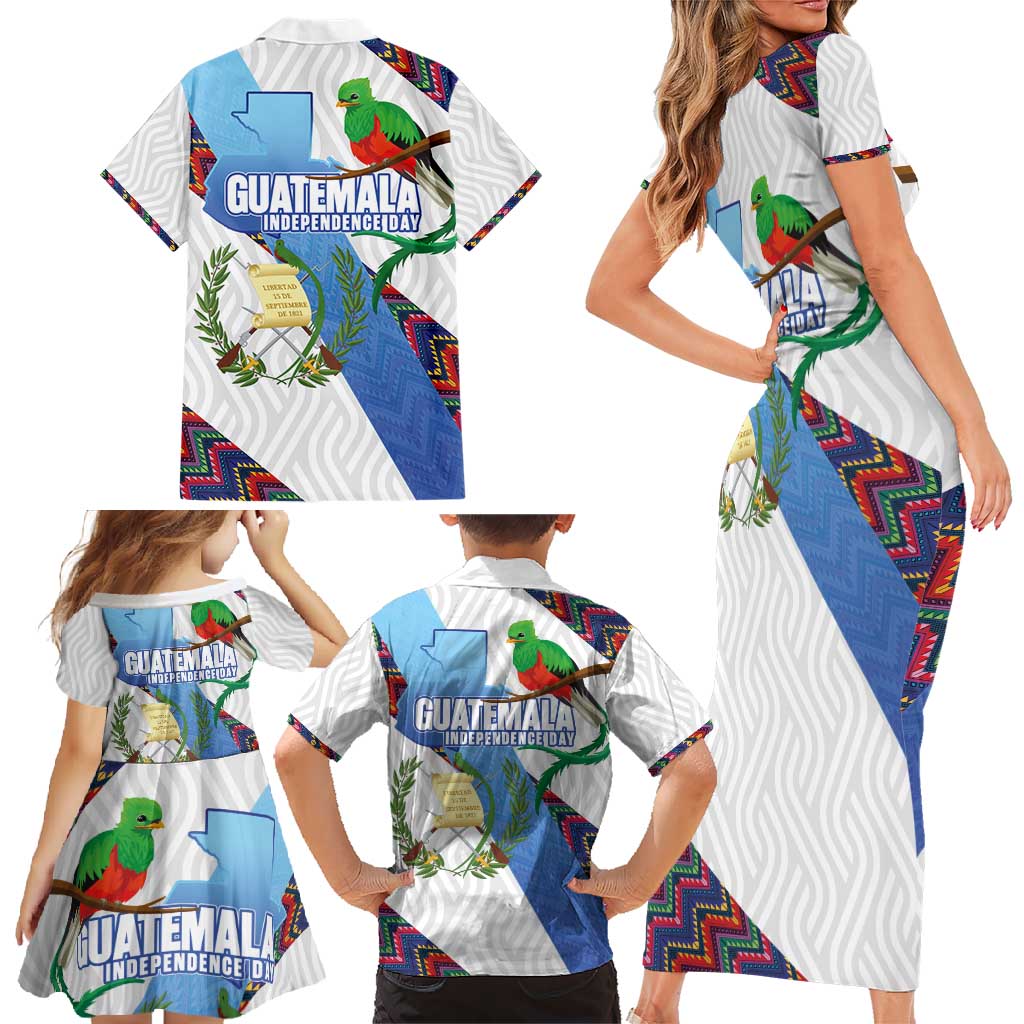 Guatemala Independence Day Family Matching Short Sleeve Bodycon Dress and Hawaiian Shirt Resplendent Quetzal with Coat of Arms and Maya Textiles - Wonder Print Shop