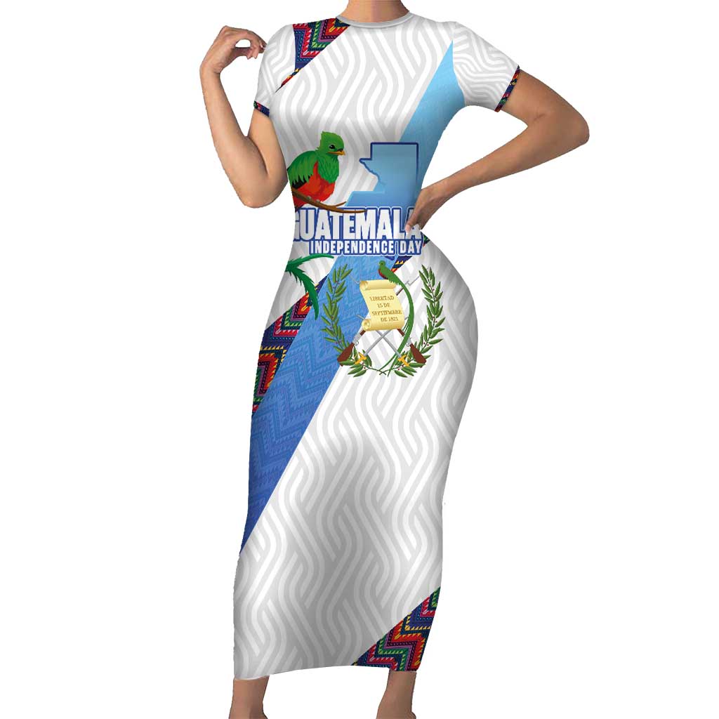 Guatemala Independence Day Family Matching Short Sleeve Bodycon Dress and Hawaiian Shirt Resplendent Quetzal with Coat of Arms and Maya Textiles - Wonder Print Shop