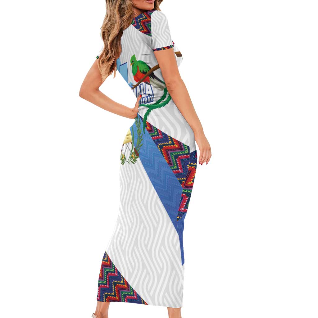 Guatemala Independence Day Family Matching Short Sleeve Bodycon Dress and Hawaiian Shirt Resplendent Quetzal with Coat of Arms and Maya Textiles - Wonder Print Shop