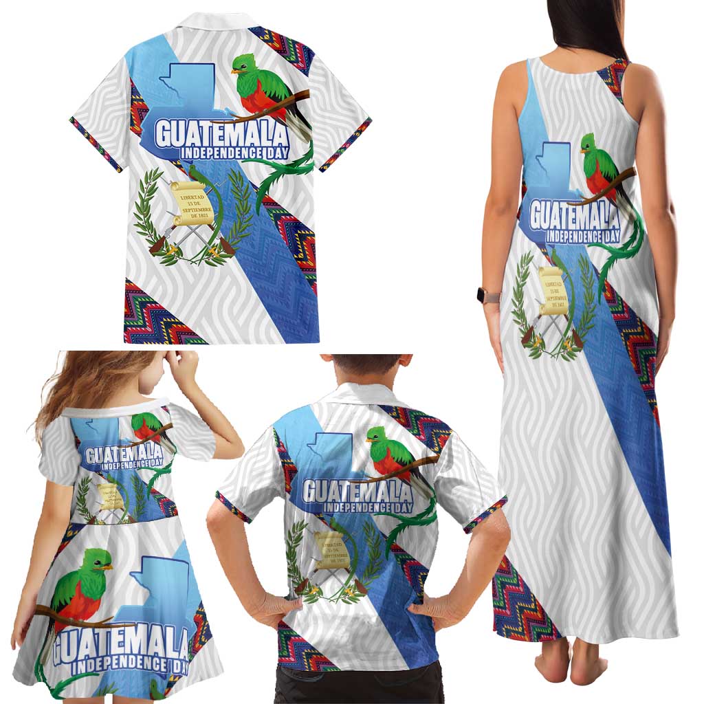 Guatemala Independence Day Family Matching Tank Maxi Dress and Hawaiian Shirt Resplendent Quetzal with Coat of Arms and Maya Textiles - Wonder Print Shop