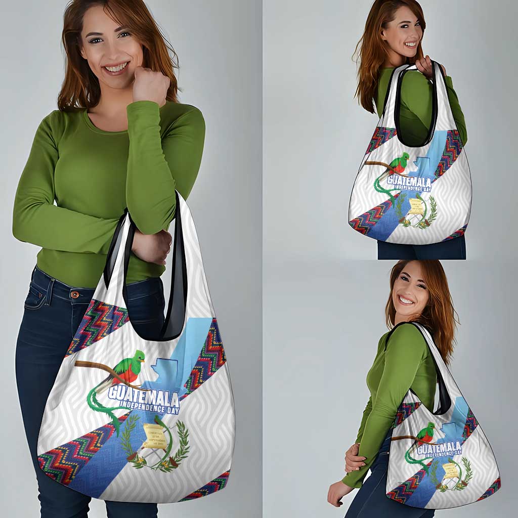 Guatemala Independence Day Grocery Bag Resplendent Quetzal with Coat of Arms and Maya Textiles - Wonder Print Shop