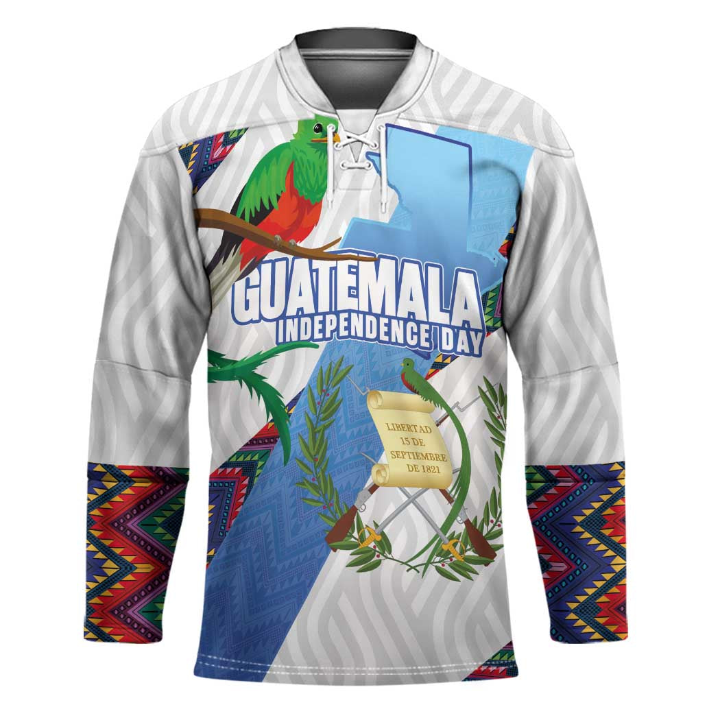 Guatemala Independence Day Hockey Jersey Resplendent Quetzal with Coat of Arms and Maya Textiles - Wonder Print Shop