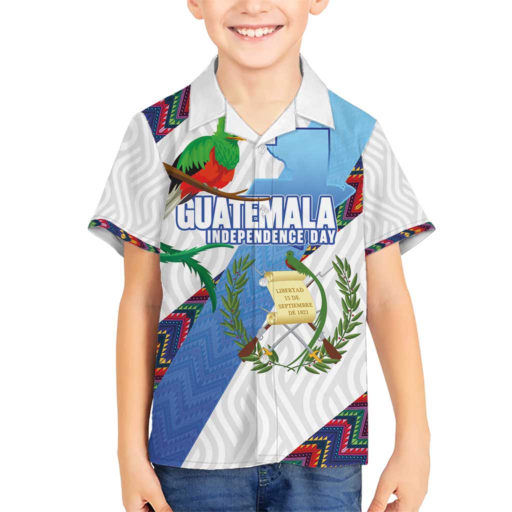 Guatemala Independence Day Kid Hawaiian Shirt Resplendent Quetzal with Coat of Arms and Maya Textiles - Wonder Print Shop