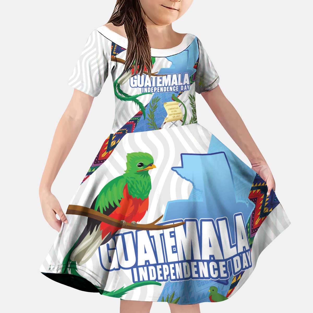 Guatemala Independence Day Kid Short Sleeve Dress Resplendent Quetzal with Coat of Arms and Maya Textiles - Wonder Print Shop