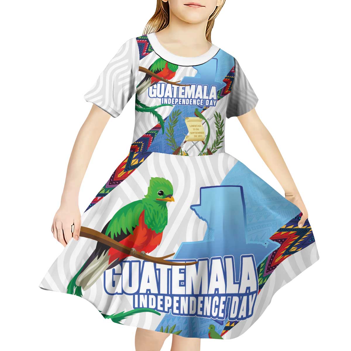 Guatemala Independence Day Kid Short Sleeve Dress Resplendent Quetzal with Coat of Arms and Maya Textiles - Wonder Print Shop