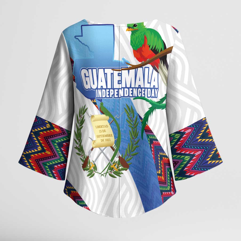 Guatemala Independence Day Kimono Sleeve Blouse Resplendent Quetzal with Coat of Arms and Maya Textiles - Wonder Print Shop