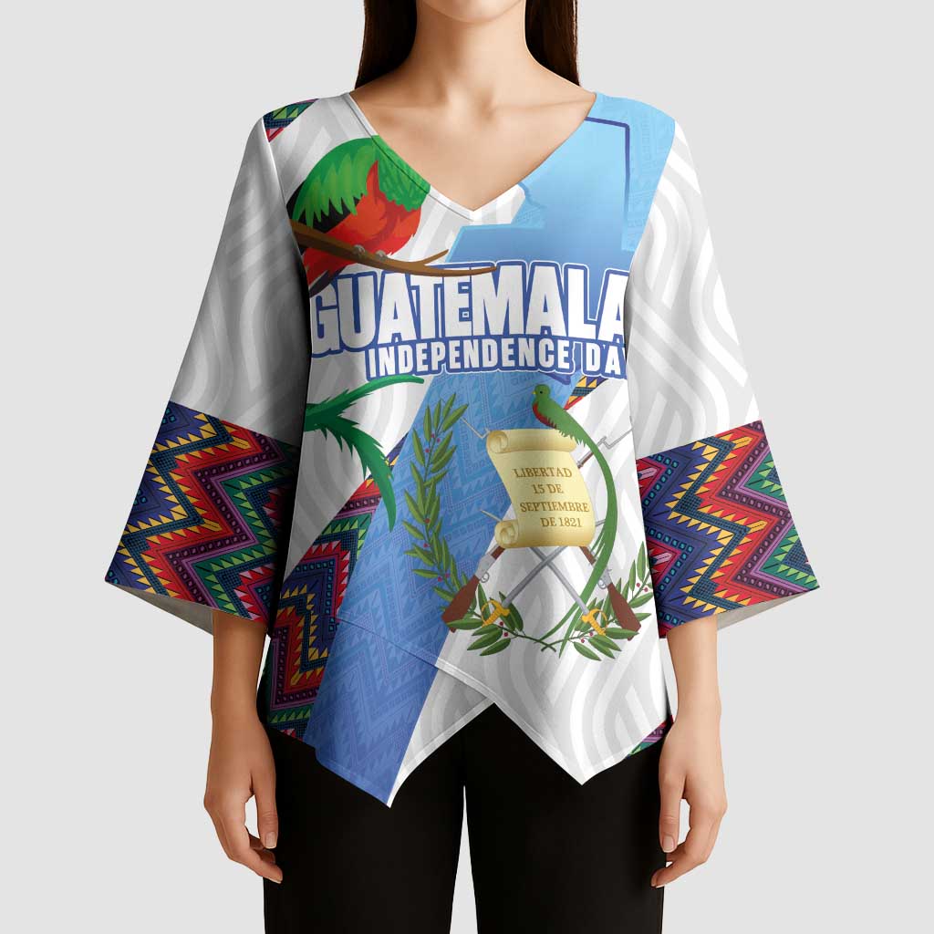 Guatemala Independence Day Kimono Sleeve Blouse Resplendent Quetzal with Coat of Arms and Maya Textiles - Wonder Print Shop