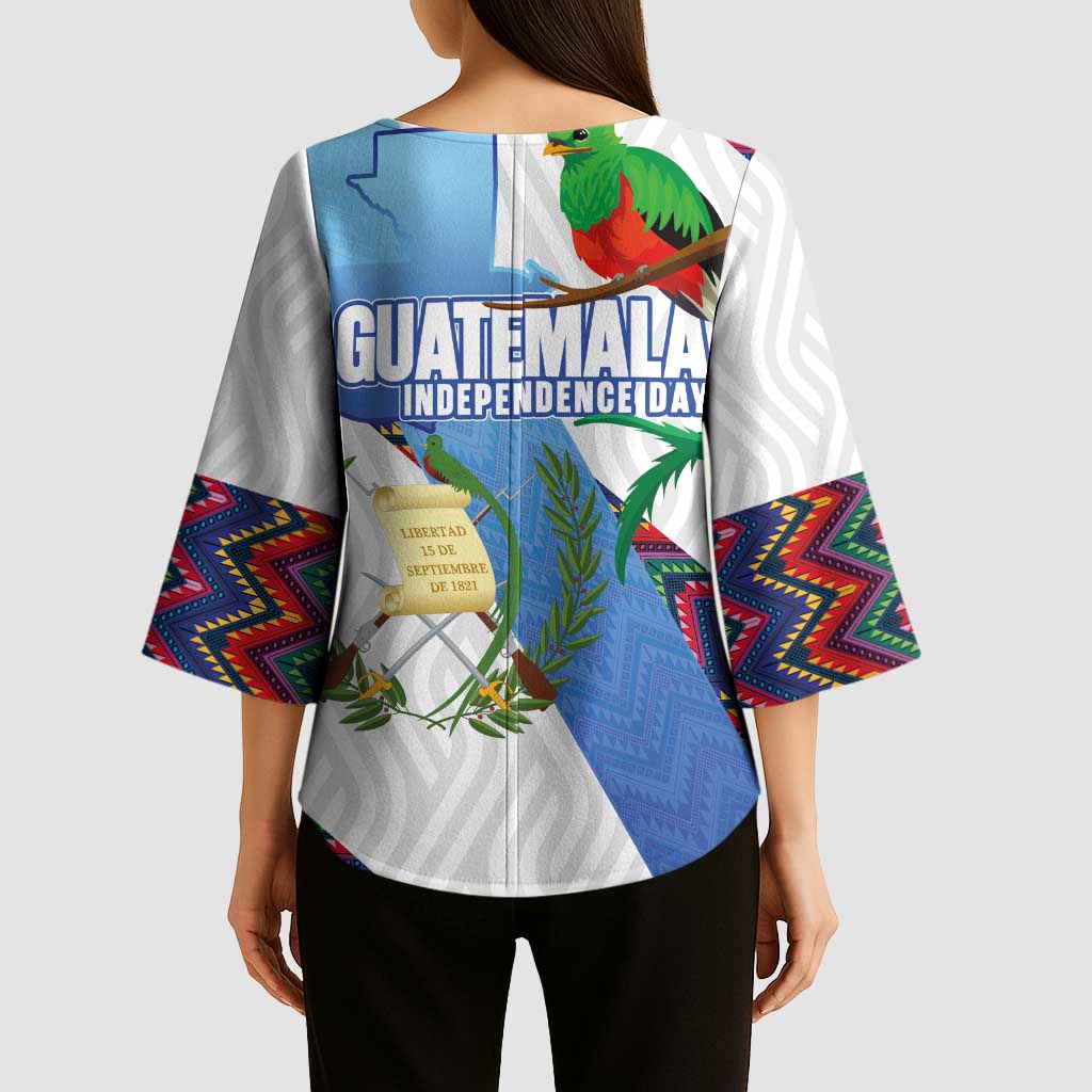 Guatemala Independence Day Kimono Sleeve Blouse Resplendent Quetzal with Coat of Arms and Maya Textiles - Wonder Print Shop