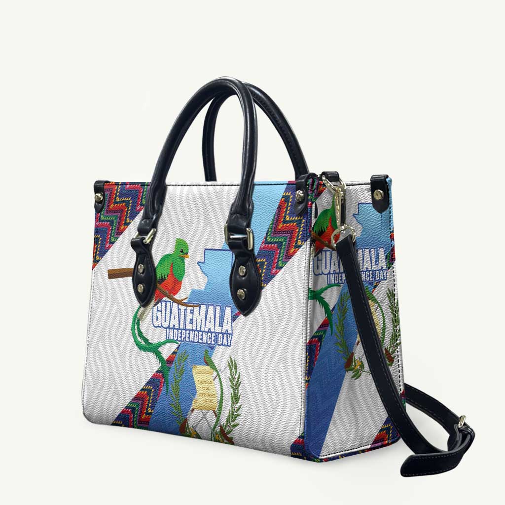 Guatemala Independence Day Leather Bag Resplendent Quetzal with Coat of Arms and Maya Textiles - Wonder Print Shop