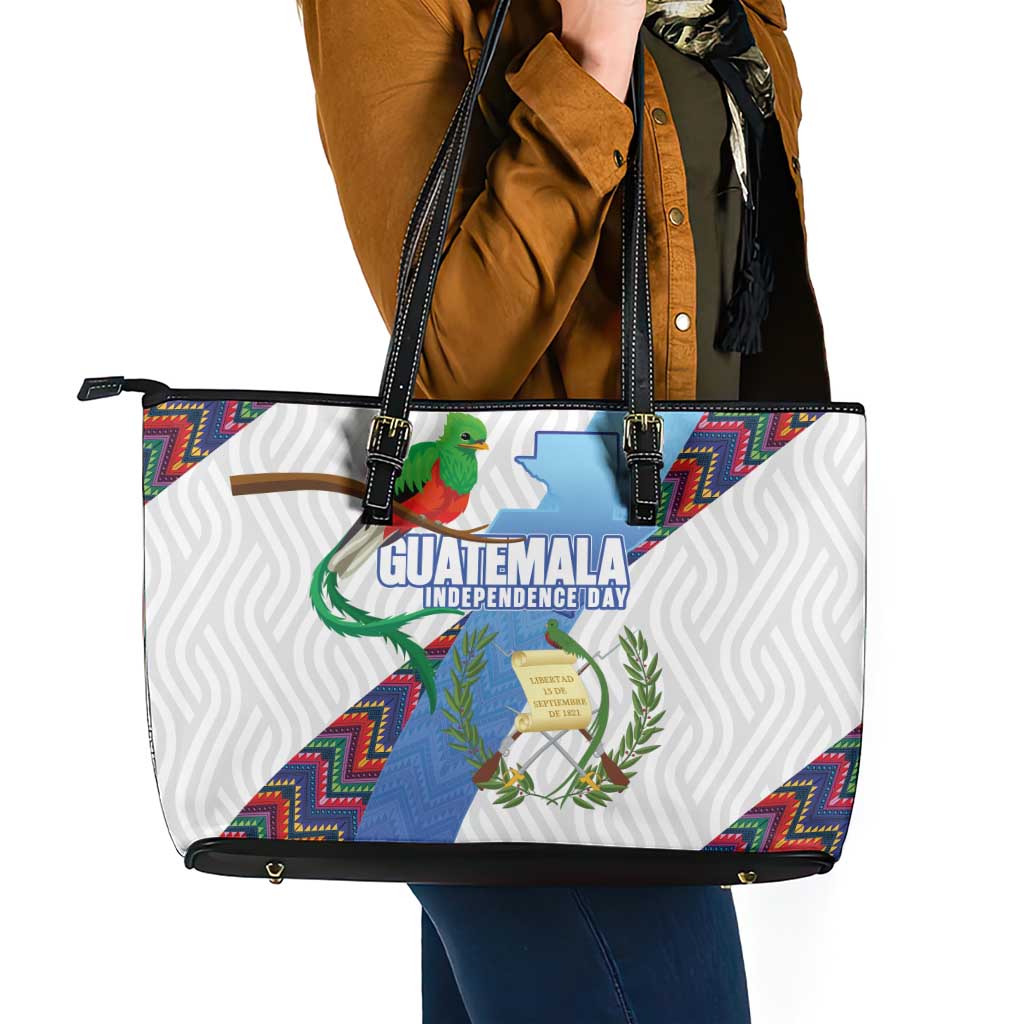 Guatemala Independence Day Leather Tote Bag Resplendent Quetzal with Coat of Arms and Maya Textiles - Wonder Print Shop