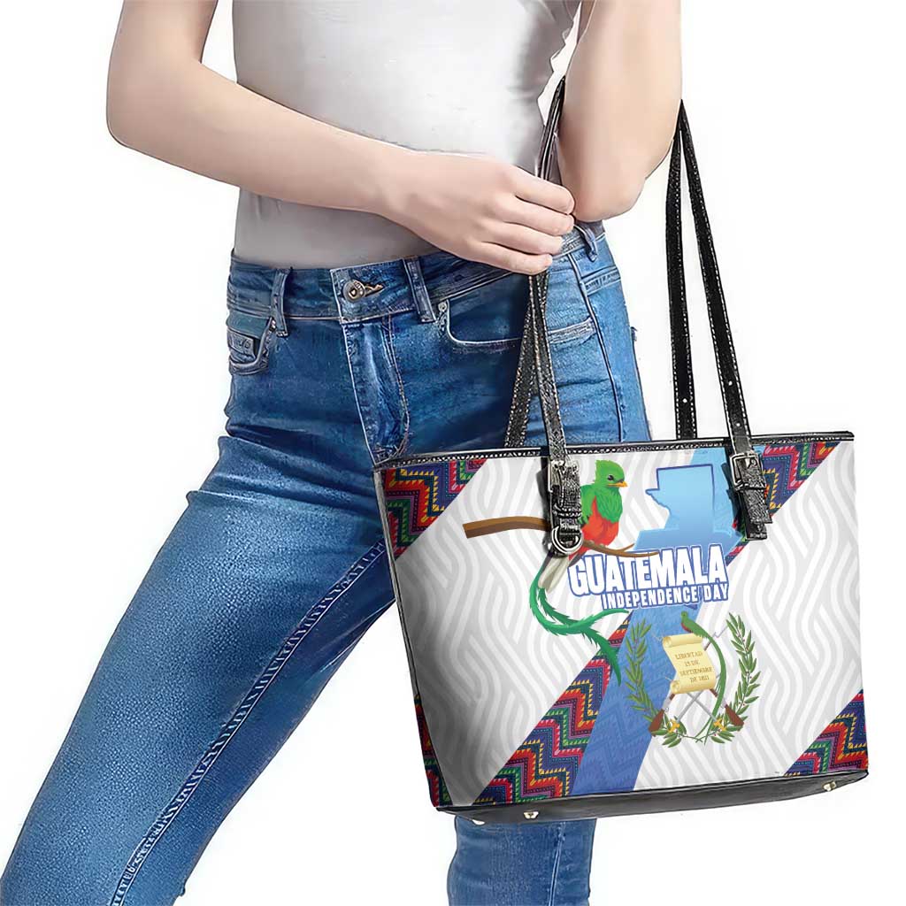 Guatemala Independence Day Leather Tote Bag Resplendent Quetzal with Coat of Arms and Maya Textiles - Wonder Print Shop
