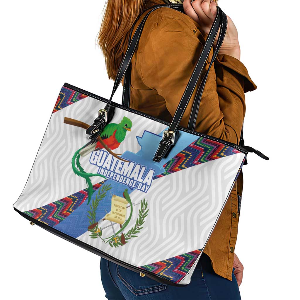 Guatemala Independence Day Leather Tote Bag Resplendent Quetzal with Coat of Arms and Maya Textiles - Wonder Print Shop