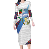 Guatemala Independence Day Long Sleeve Bodycon Dress Resplendent Quetzal with Coat of Arms and Maya Textiles - Wonder Print Shop