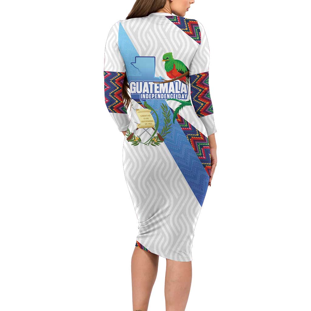 Guatemala Independence Day Long Sleeve Bodycon Dress Resplendent Quetzal with Coat of Arms and Maya Textiles - Wonder Print Shop