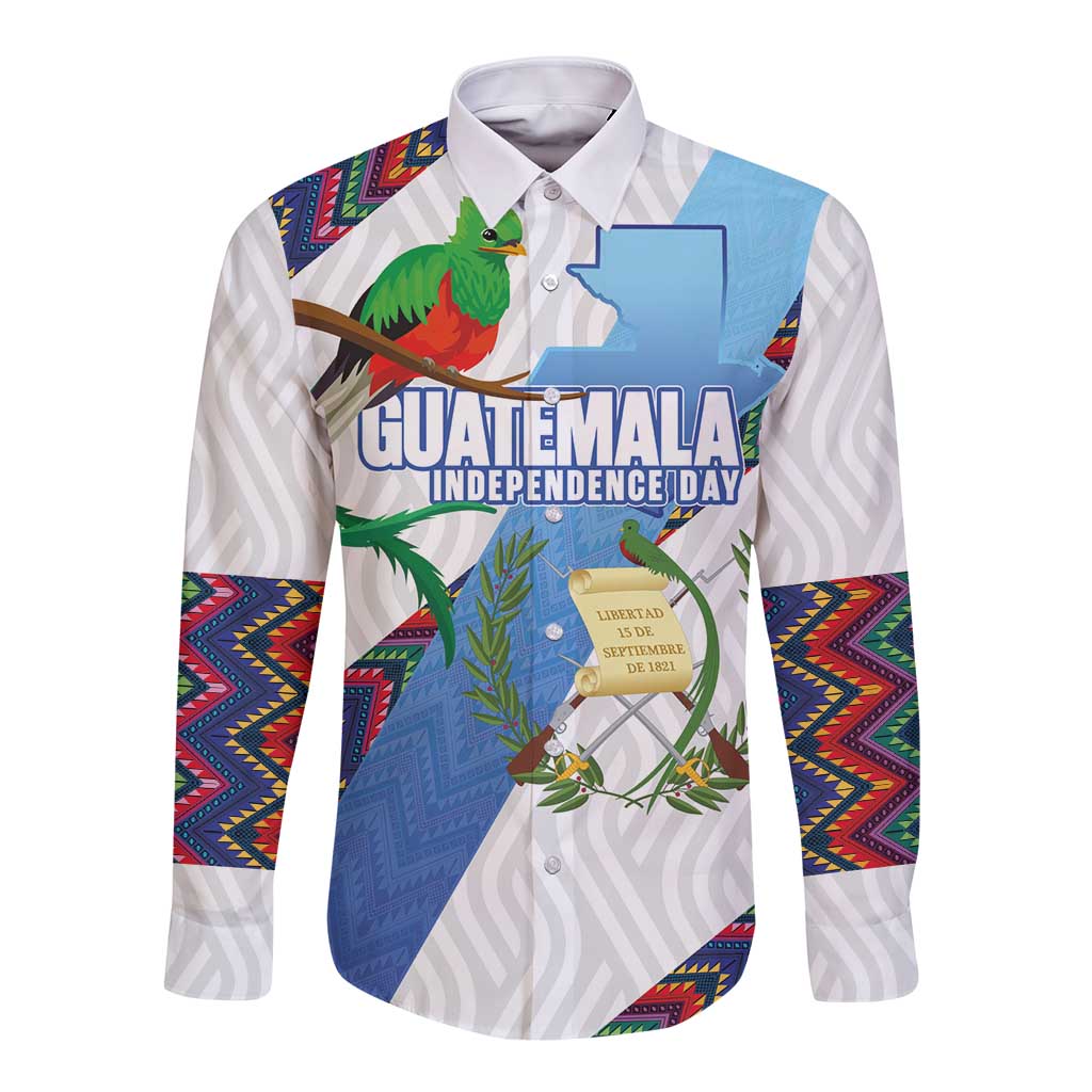 Guatemala Independence Day Long Sleeve Button Shirt Resplendent Quetzal with Coat of Arms and Maya Textiles - Wonder Print Shop