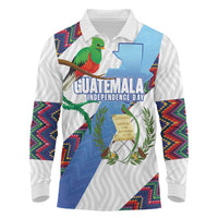 Guatemala Independence Day Long Sleeve Polo Shirt Resplendent Quetzal with Coat of Arms and Maya Textiles - Wonder Print Shop