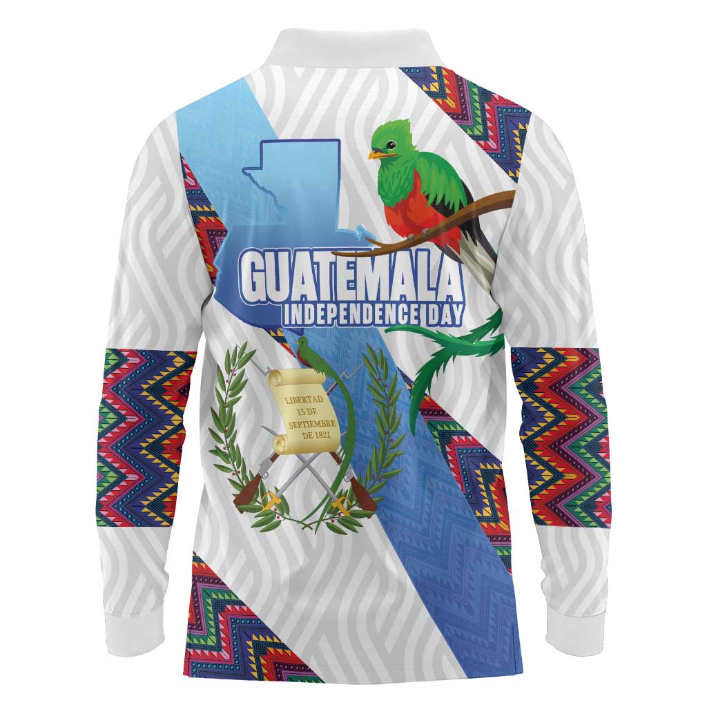 Guatemala Independence Day Long Sleeve Polo Shirt Resplendent Quetzal with Coat of Arms and Maya Textiles - Wonder Print Shop