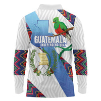 Guatemala Independence Day Long Sleeve Polo Shirt Resplendent Quetzal with Coat of Arms and Maya Textiles - Wonder Print Shop