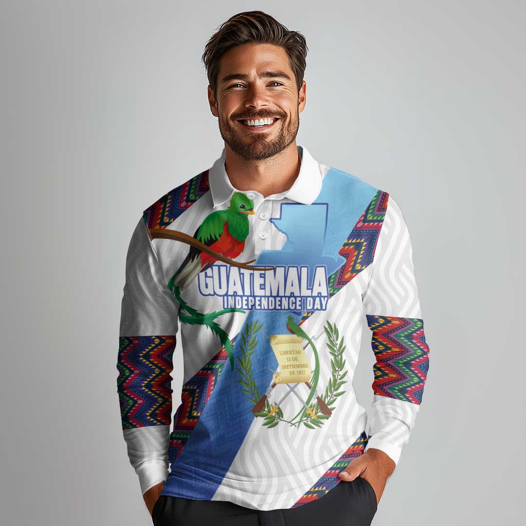 Guatemala Independence Day Long Sleeve Polo Shirt Resplendent Quetzal with Coat of Arms and Maya Textiles - Wonder Print Shop