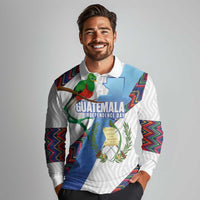 Guatemala Independence Day Long Sleeve Polo Shirt Resplendent Quetzal with Coat of Arms and Maya Textiles - Wonder Print Shop