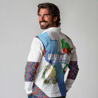 Guatemala Independence Day Long Sleeve Polo Shirt Resplendent Quetzal with Coat of Arms and Maya Textiles - Wonder Print Shop