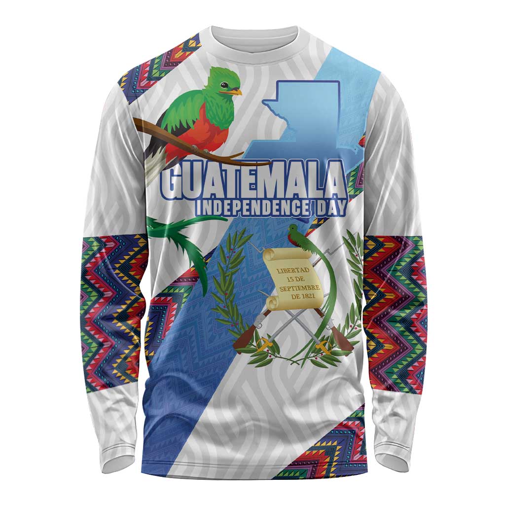 Guatemala Independence Day Long Sleeve Shirt Resplendent Quetzal with Coat of Arms and Maya Textiles - Wonder Print Shop