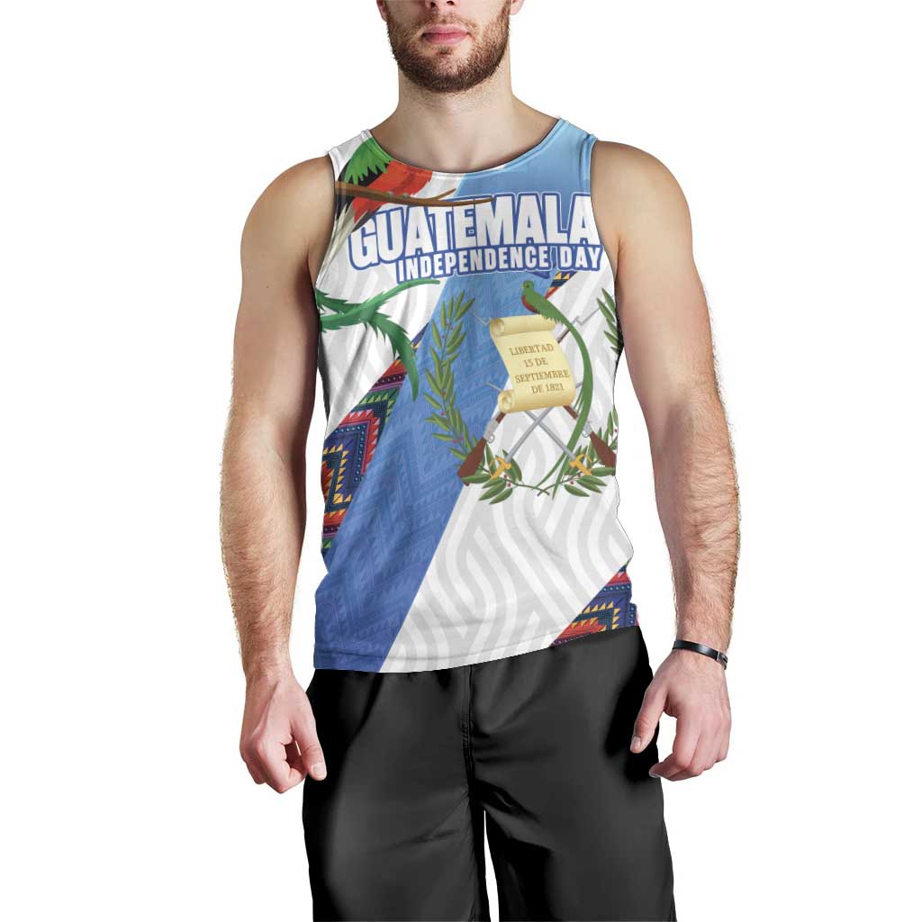 Guatemala Independence Day Men Tank Top Resplendent Quetzal with Coat of Arms and Maya Textiles - Wonder Print Shop