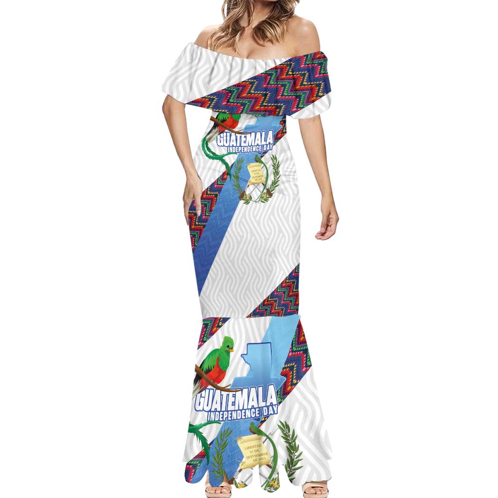 Guatemala Independence Day Mermaid Dress Resplendent Quetzal with Coat of Arms and Maya Textiles - Wonder Print Shop