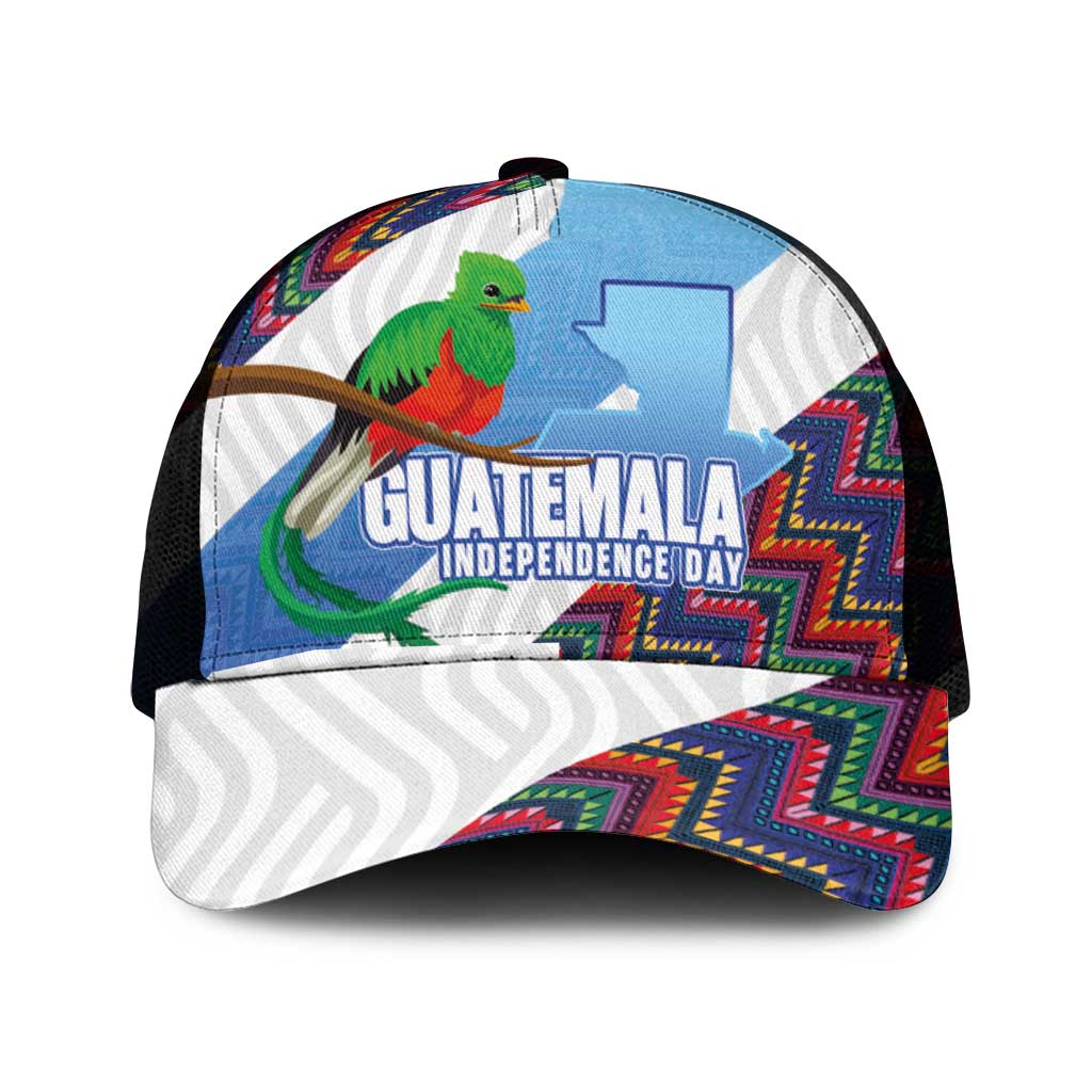 Guatemala Independence Day Mesh Trucker Cap Resplendent Quetzal with Coat of Arms and Maya Textiles - Wonder Print Shop