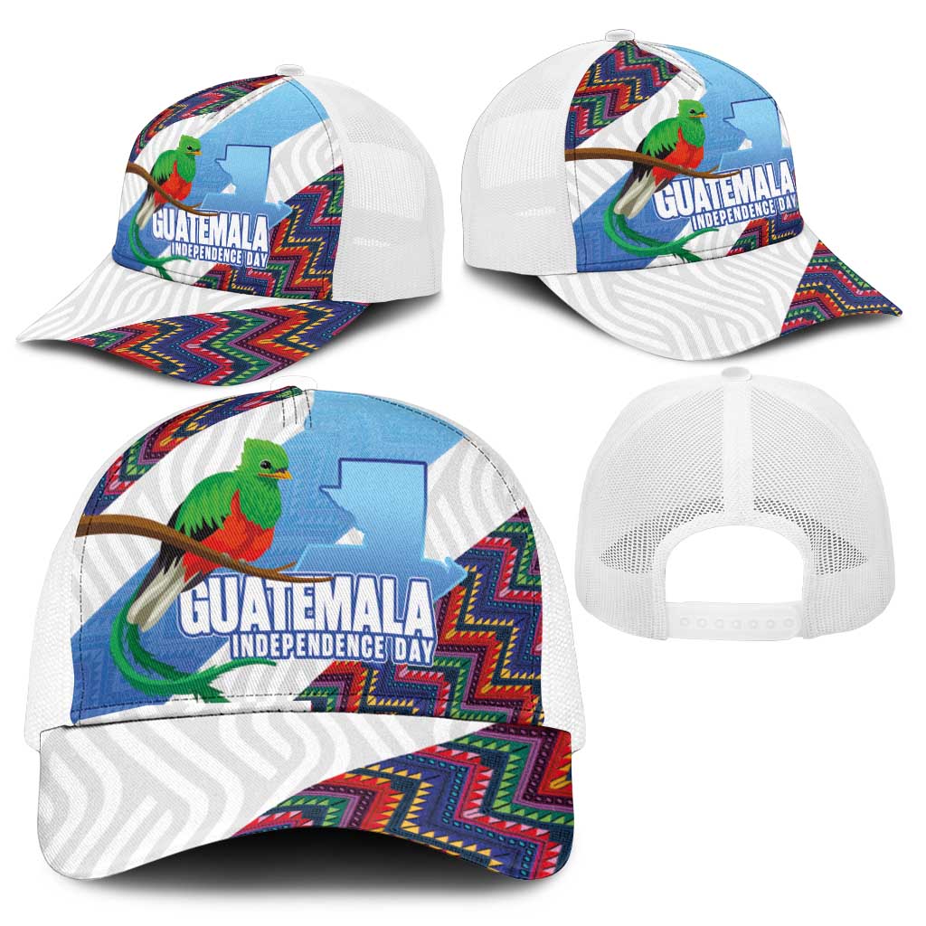 Guatemala Independence Day Mesh Trucker Cap Resplendent Quetzal with Coat of Arms and Maya Textiles - Wonder Print Shop