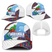 Guatemala Independence Day Mesh Trucker Cap Resplendent Quetzal with Coat of Arms and Maya Textiles - Wonder Print Shop