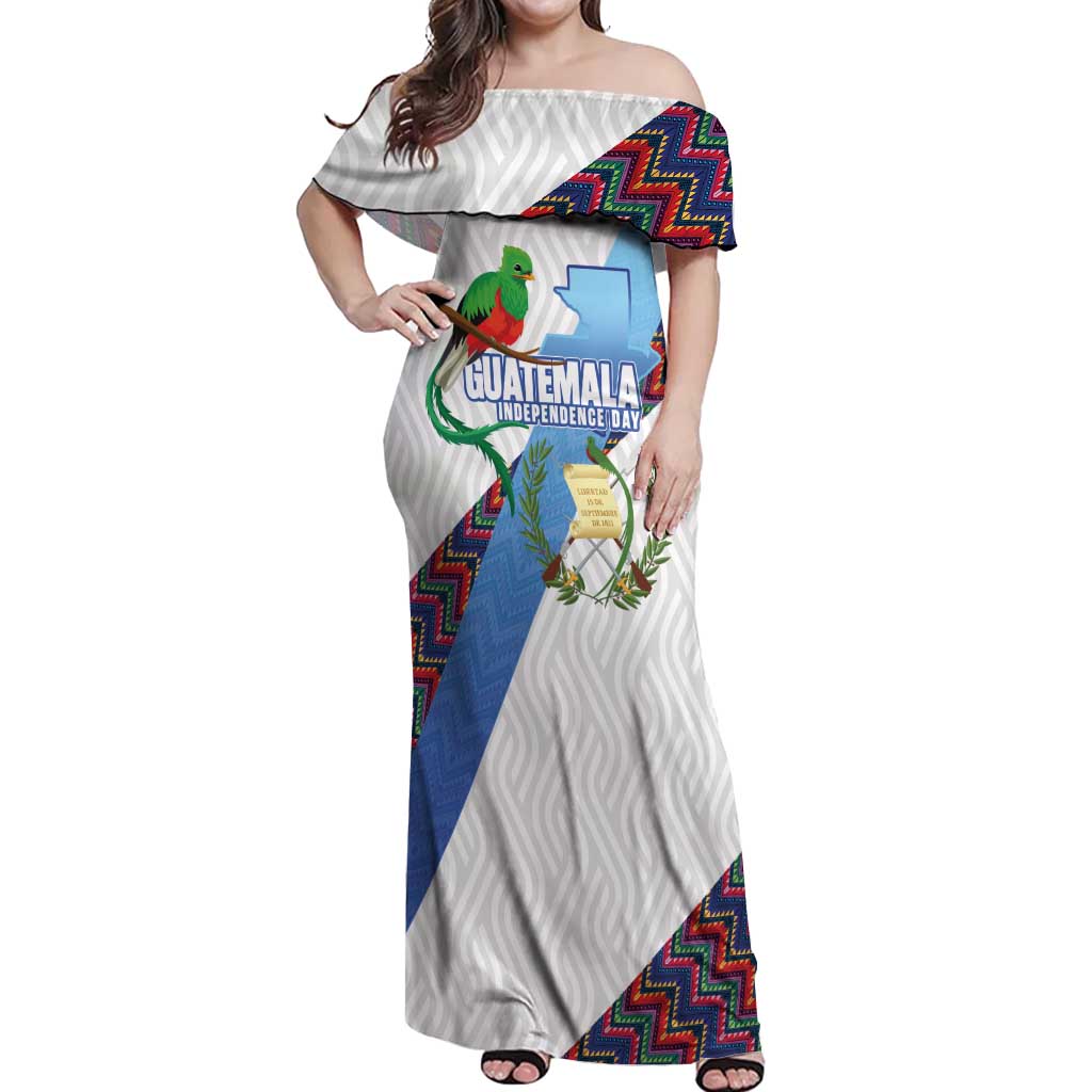 Guatemala Independence Day Off Shoulder Maxi Dress Resplendent Quetzal with Coat of Arms and Maya Textiles - Wonder Print Shop