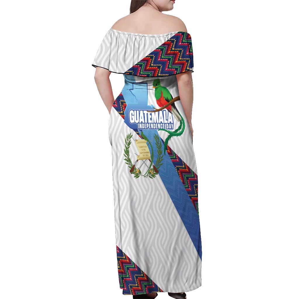 Guatemala Independence Day Off Shoulder Maxi Dress Resplendent Quetzal with Coat of Arms and Maya Textiles - Wonder Print Shop