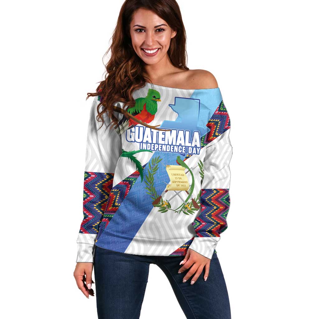 Guatemala Independence Day Off Shoulder Sweater Resplendent Quetzal with Coat of Arms and Maya Textiles - Wonder Print Shop