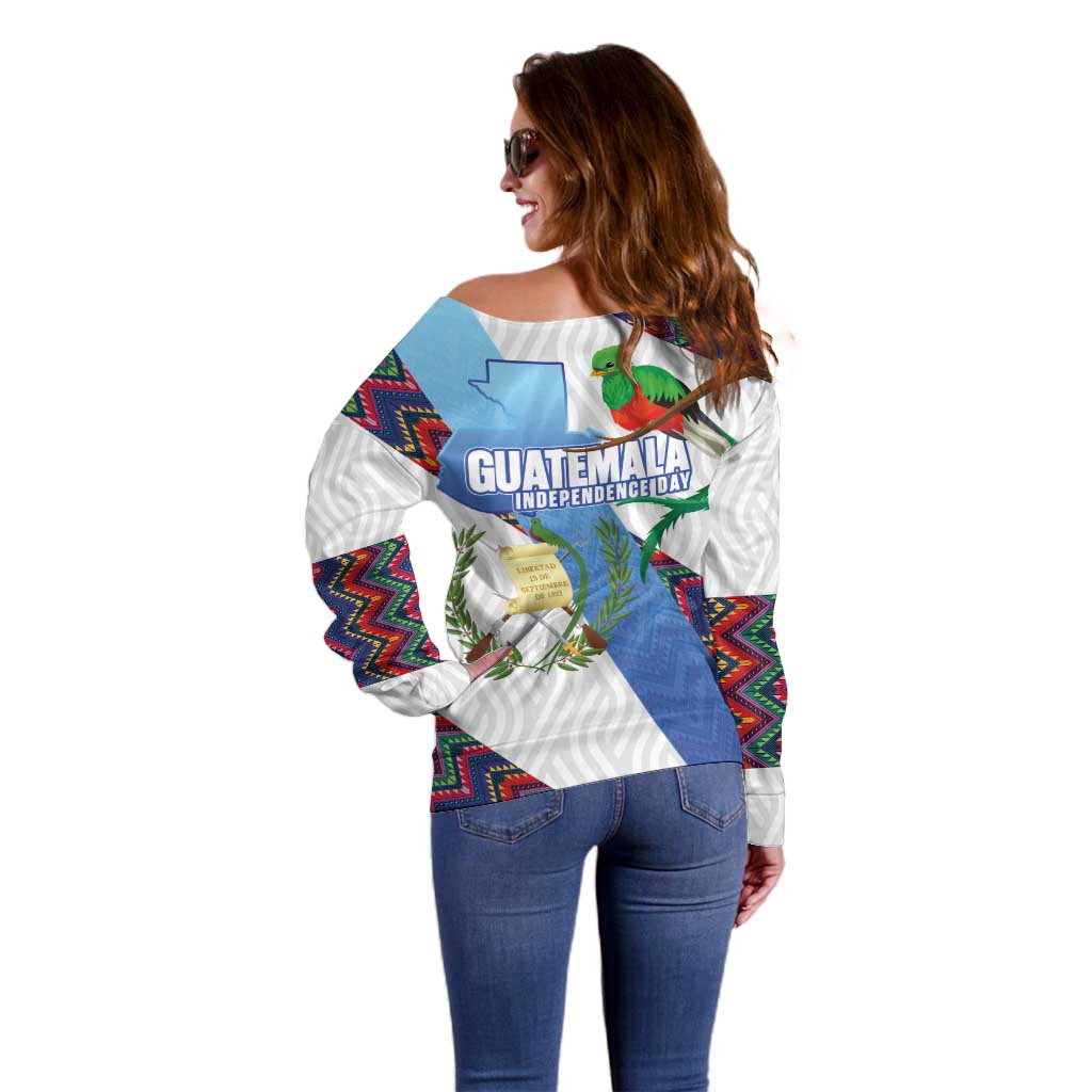 Guatemala Independence Day Off Shoulder Sweater Resplendent Quetzal with Coat of Arms and Maya Textiles - Wonder Print Shop