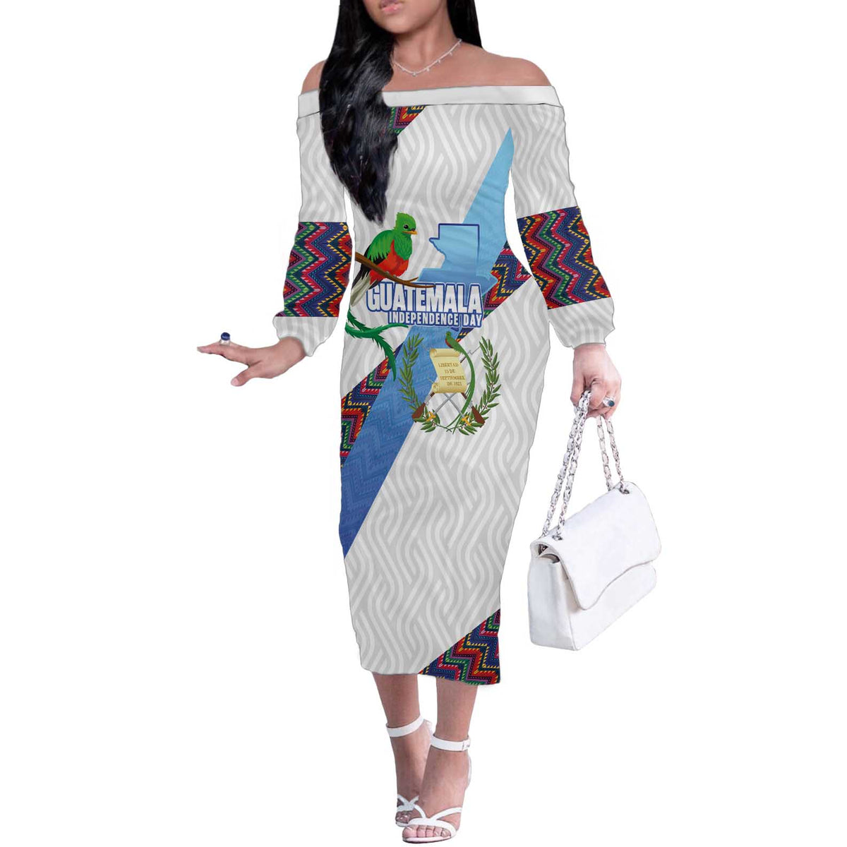 Guatemala Independence Day Off The Shoulder Long Sleeve Dress Resplendent Quetzal with Coat of Arms and Maya Textiles - Wonder Print Shop