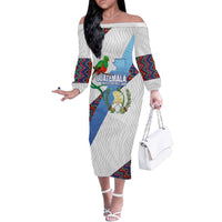 Guatemala Independence Day Off The Shoulder Long Sleeve Dress Resplendent Quetzal with Coat of Arms and Maya Textiles - Wonder Print Shop