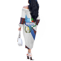 Guatemala Independence Day Off The Shoulder Long Sleeve Dress Resplendent Quetzal with Coat of Arms and Maya Textiles - Wonder Print Shop