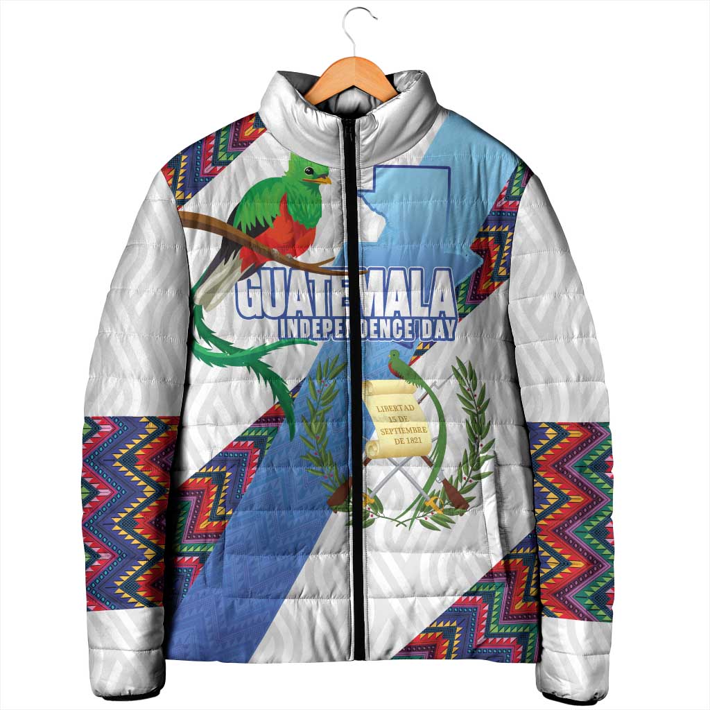 Guatemala Independence Day Padded Jacket Resplendent Quetzal with Coat of Arms and Maya Textiles - Wonder Print Shop