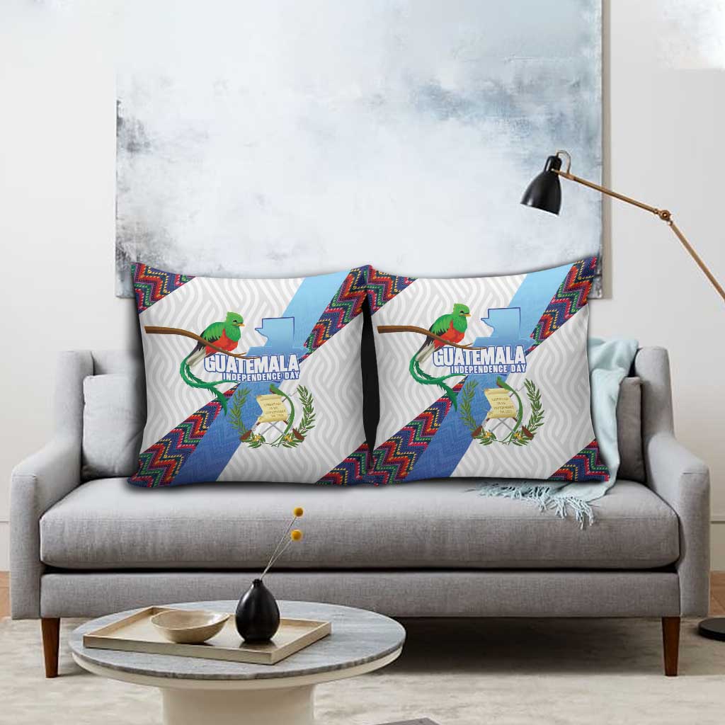 Guatemala Independence Day Pillow Cover Resplendent Quetzal with Coat of Arms and Maya Textiles - Wonder Print Shop