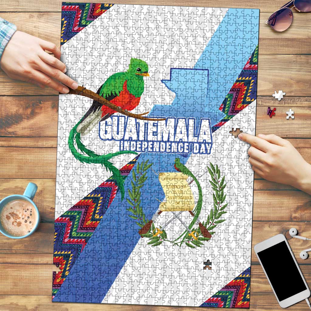 Guatemala Independence Day Puzzle Resplendent Quetzal with Coat of Arms and Maya Textiles - Wonder Print Shop