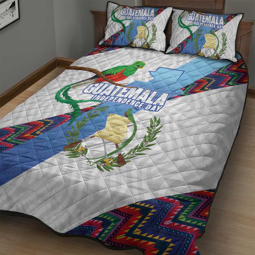 Guatemala Independence Day Quilt Bed Set Resplendent Quetzal with Coat of Arms and Maya Textiles - Wonder Print Shop