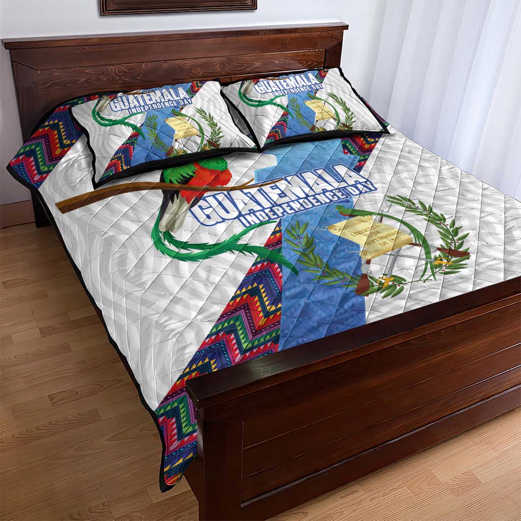Guatemala Independence Day Quilt Bed Set Resplendent Quetzal with Coat of Arms and Maya Textiles - Wonder Print Shop