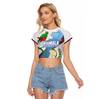 Guatemala Independence Day Raglan Cropped T Shirt Resplendent Quetzal with Coat of Arms and Maya Textiles - Wonder Print Shop