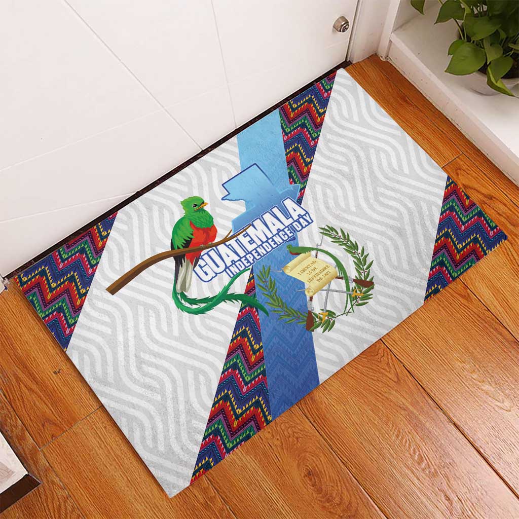 Guatemala Independence Day Rubber Doormat Resplendent Quetzal with Coat of Arms and Maya Textiles - Wonder Print Shop