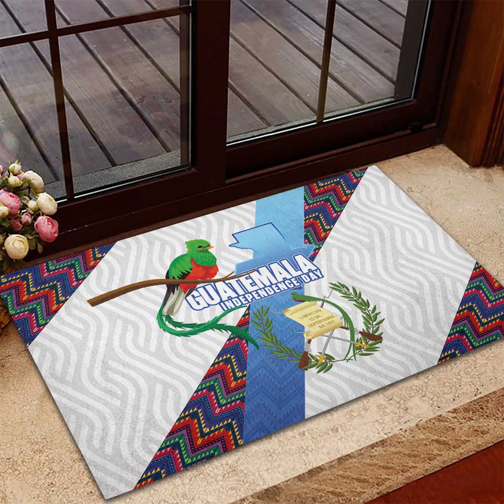 Guatemala Independence Day Rubber Doormat Resplendent Quetzal with Coat of Arms and Maya Textiles - Wonder Print Shop