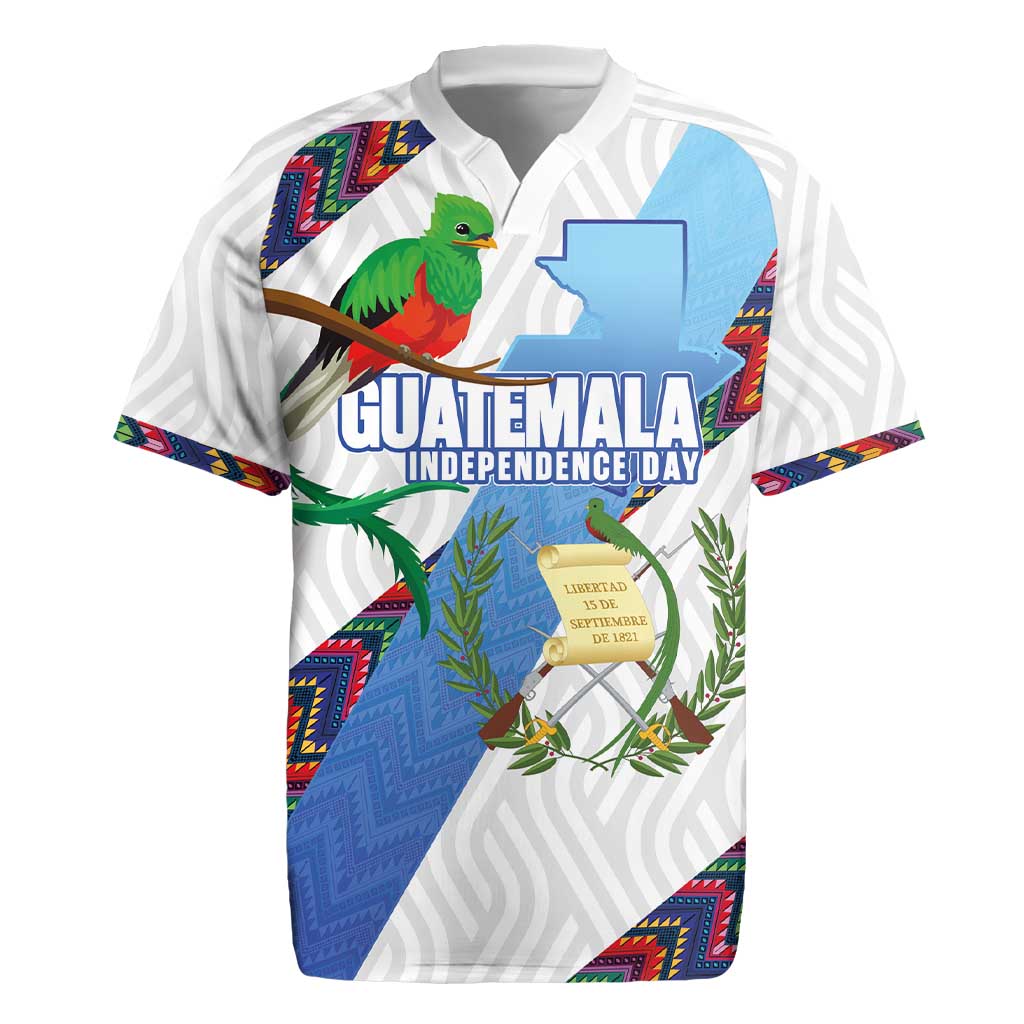 Guatemala Independence Day Rugby Jersey Resplendent Quetzal with Coat of Arms and Maya Textiles - Wonder Print Shop